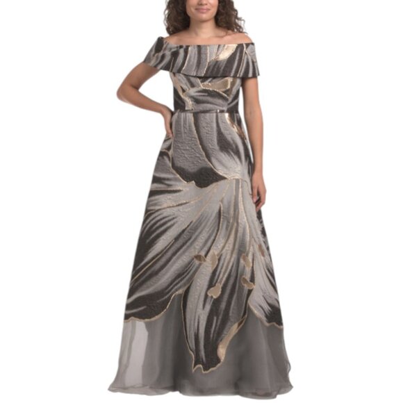 TERI JON Off The Shoulder Abstract Print Gown